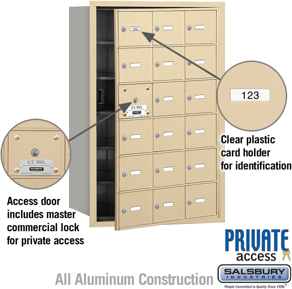 Salsbury Industries 3618SFP 4B Plus Horizontal Mailbox with Master Commercial Lock, 18 A Doors 17 Usable, Front Loading, Private Access, Sandstone