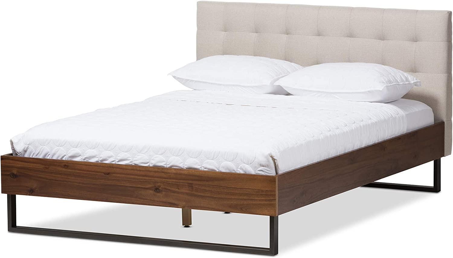 Baxton Studio Mitchell Tufted Queen Platform Bed in Beige and Brown