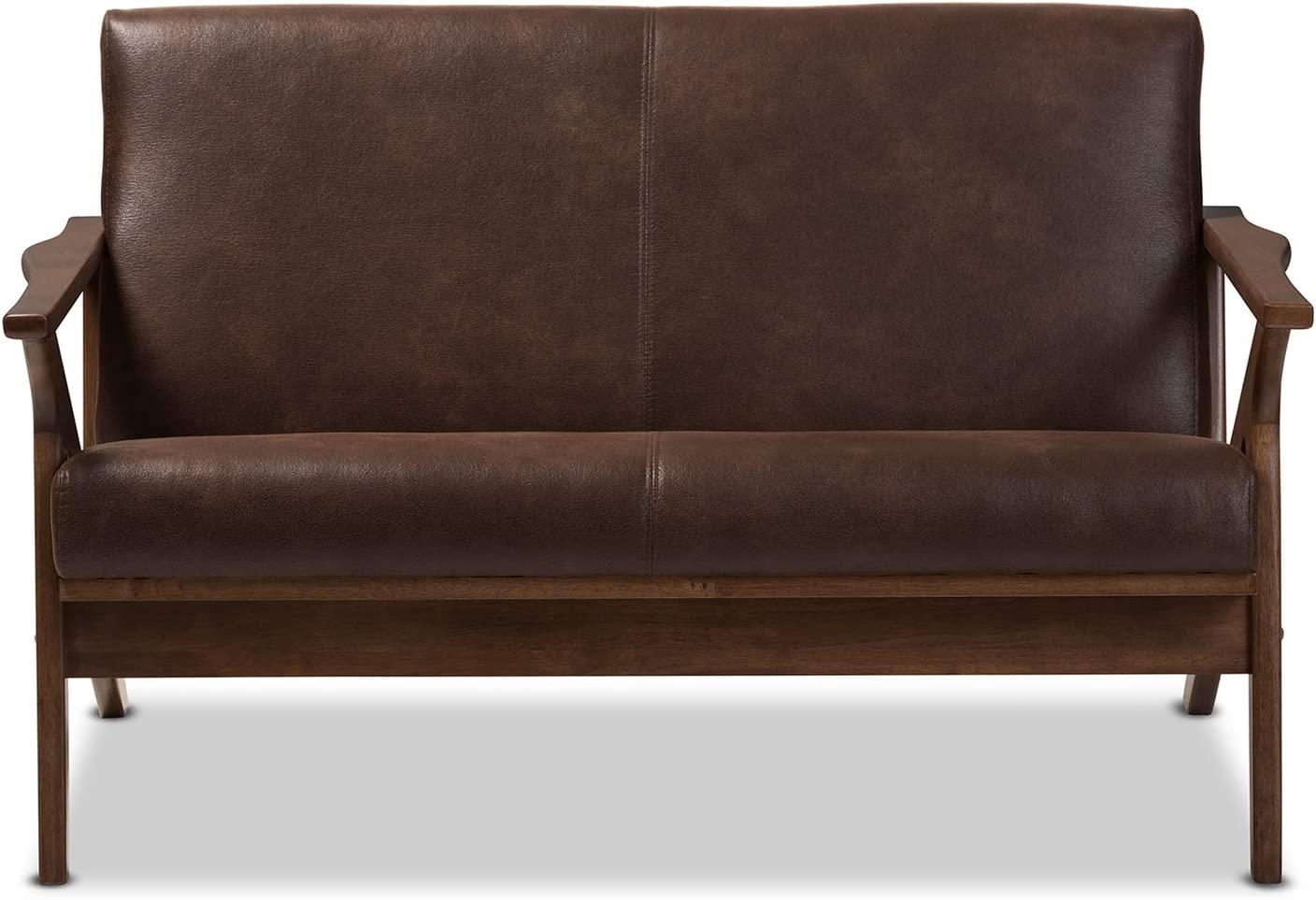 Baxton Studio Bianca Mid-Century Modern Walnut Wood Dark Brown Distressed Faux Leather 2-Seater Loveseat