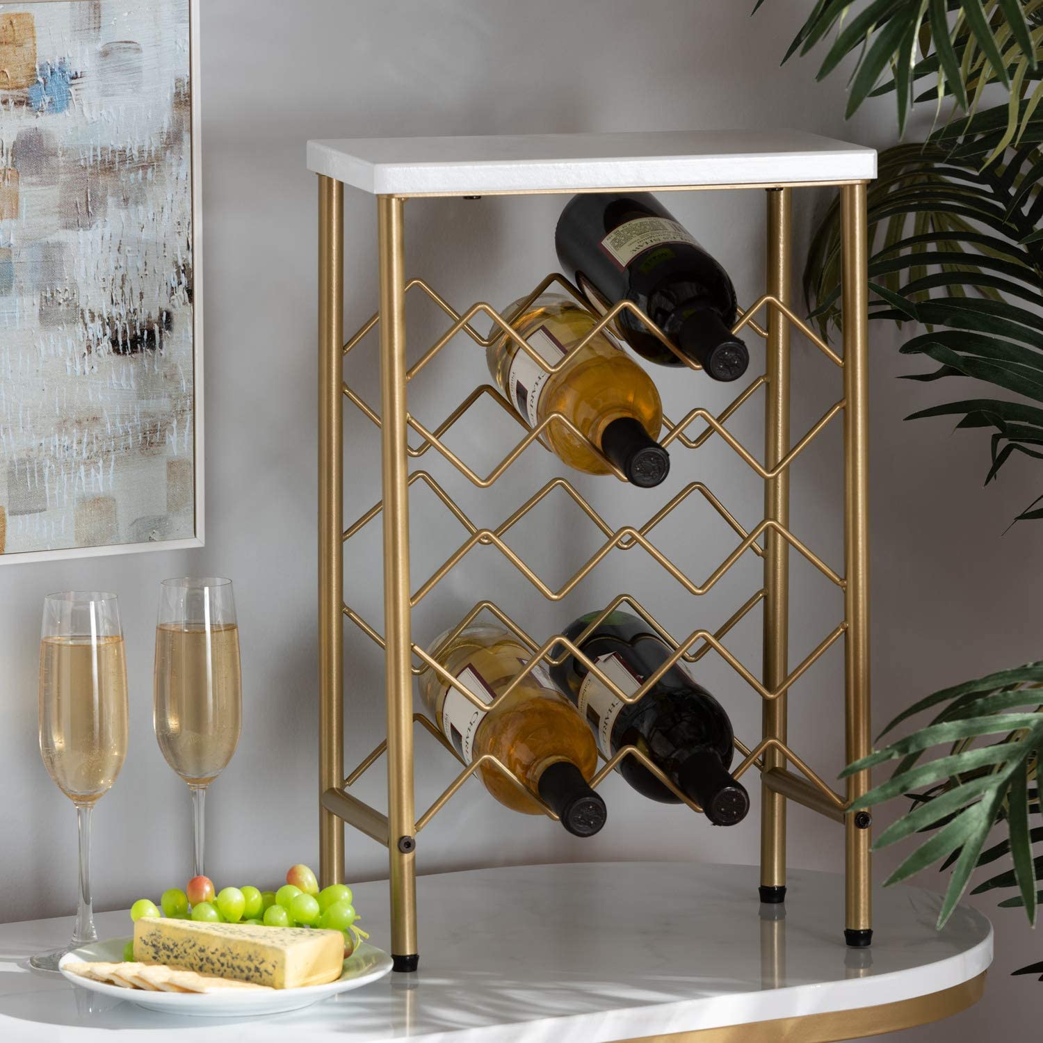 Baxton Studio Ramona Modern and Contemporary Gold Finished Metal Wine Rack with Faux Marble Tabletop