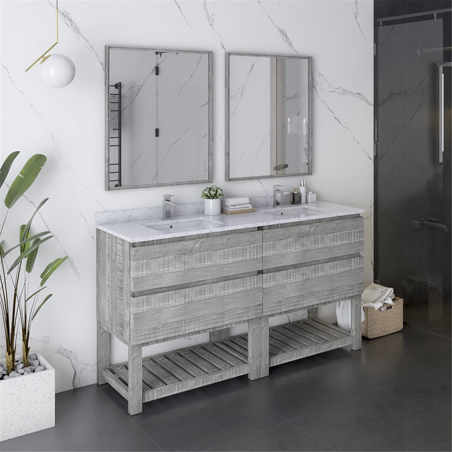 Fresca Formosa 60&#34; Floor Standing Double Sink Modern Bathroom Vanity w/Open Bottom &amp; Mirrors in Ash