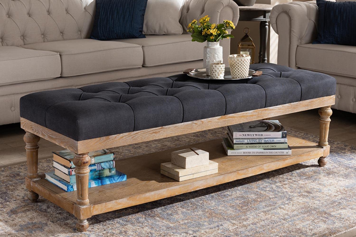 Baxton Studio Linda Modern and Rustic Charcoal Linen Fabric Upholstered and Greywashed Wood Storage Bench