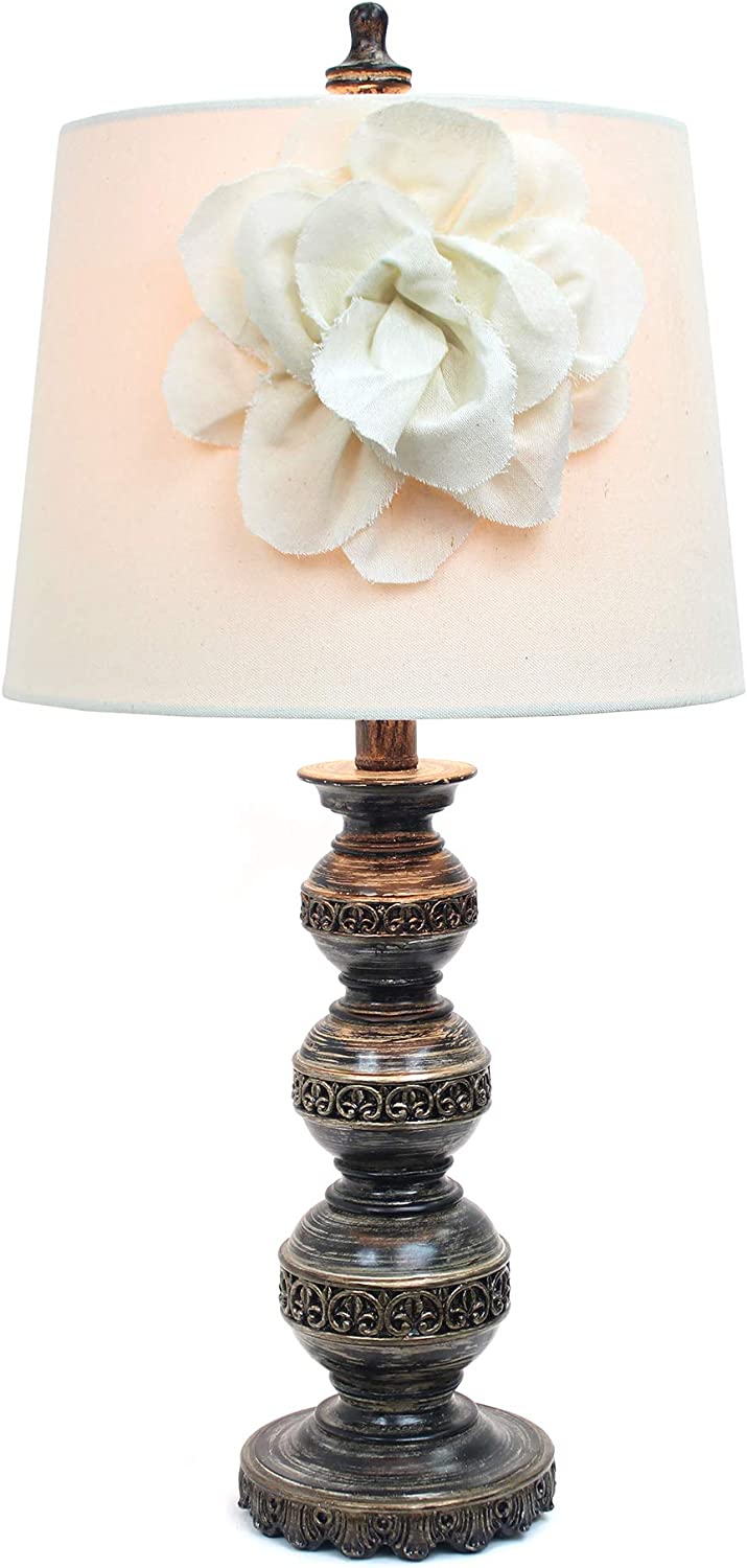 Elegant Designs LT3097-WHT Stacked Ball Lamp with Couture Linen Flower Shade, Aged Bronze