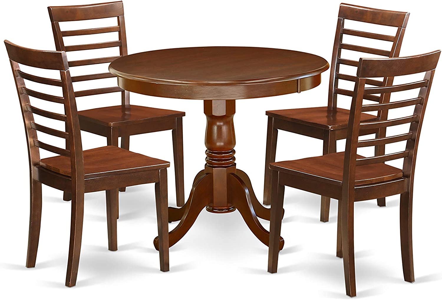 East West Furniture 5Pc Round 36 Inch Family Table And Four Wood Seat Chairs, 5, Mahogany