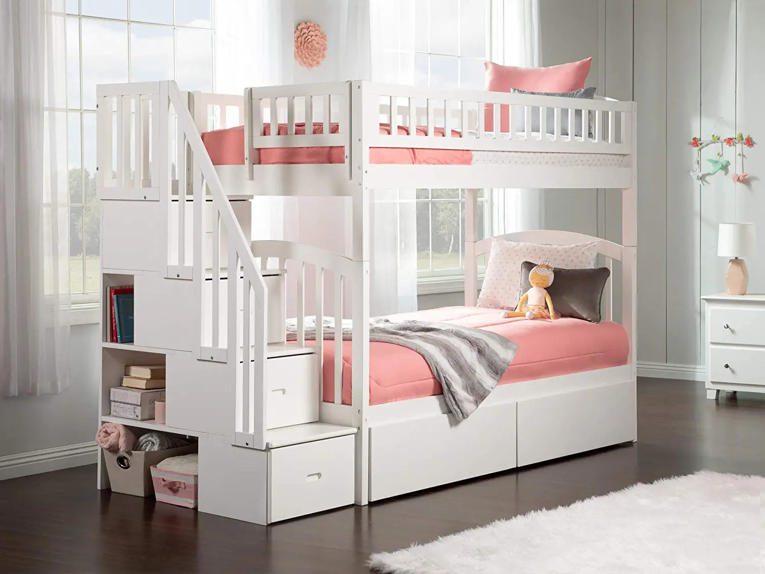 AFI Westbrook Staircase Bunk with Turbo Charger and Urban Bed Drawers, Twin/Twin, White