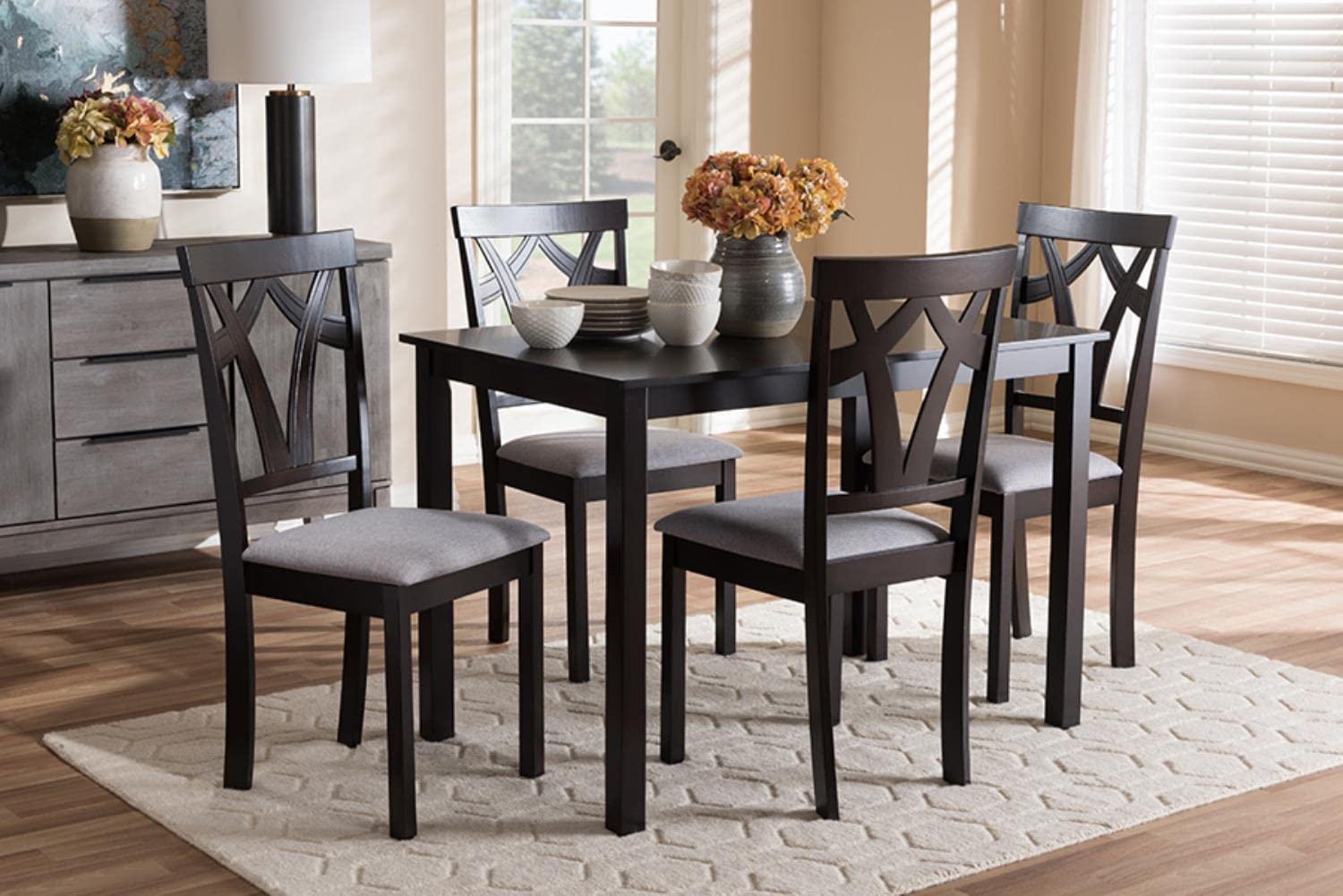 Baxton Studio Sylvia Modern and Contemporary Grey Fabric Upholstered and Dark Brown Finished 5-Piece Dining Set Grey//Medium Wood/Contemporary/Table/Fabric Polyester 100%&#34;/Solid Rubber Wood/Foam