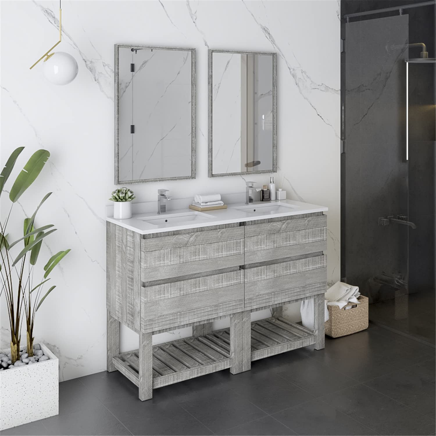 Fresca Formosa 48&#34; Floor Standing Double Sink Modern Bathroom Vanity w/Open Bottom &amp; Mirrors in Ash