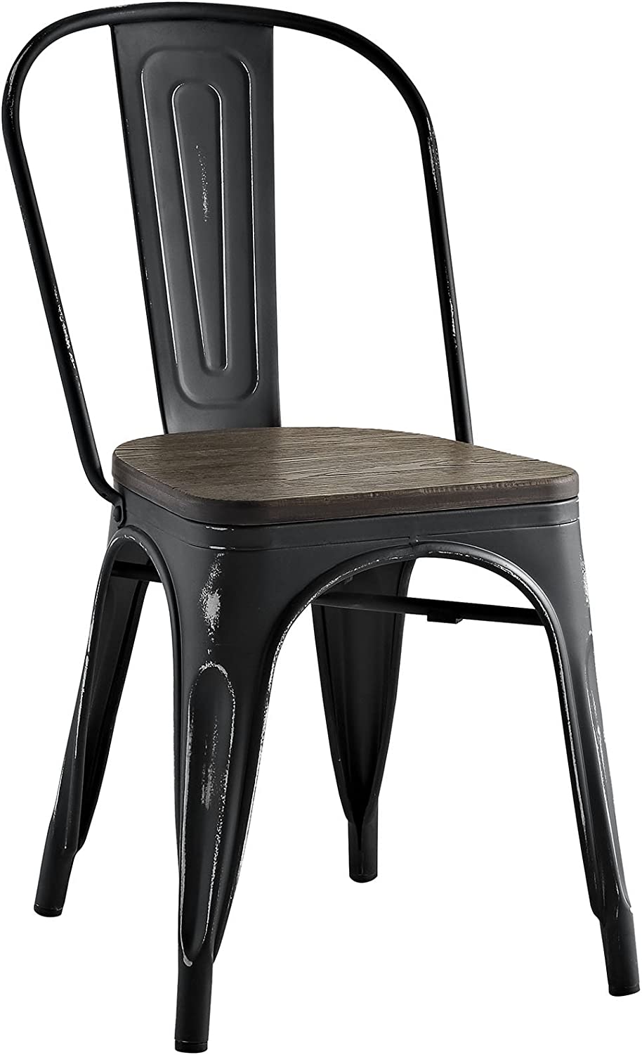 Modway Promenade Industrial Modern Steel Dining Side Chair with Bamboo Seat in Black, One