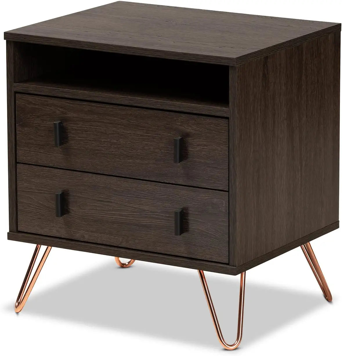 Baxton Studio Glover Modern and Contemporary Dark Brown Finished Wood and Rose Gold-Tone Finished Metal 2-Drawer Nightstand