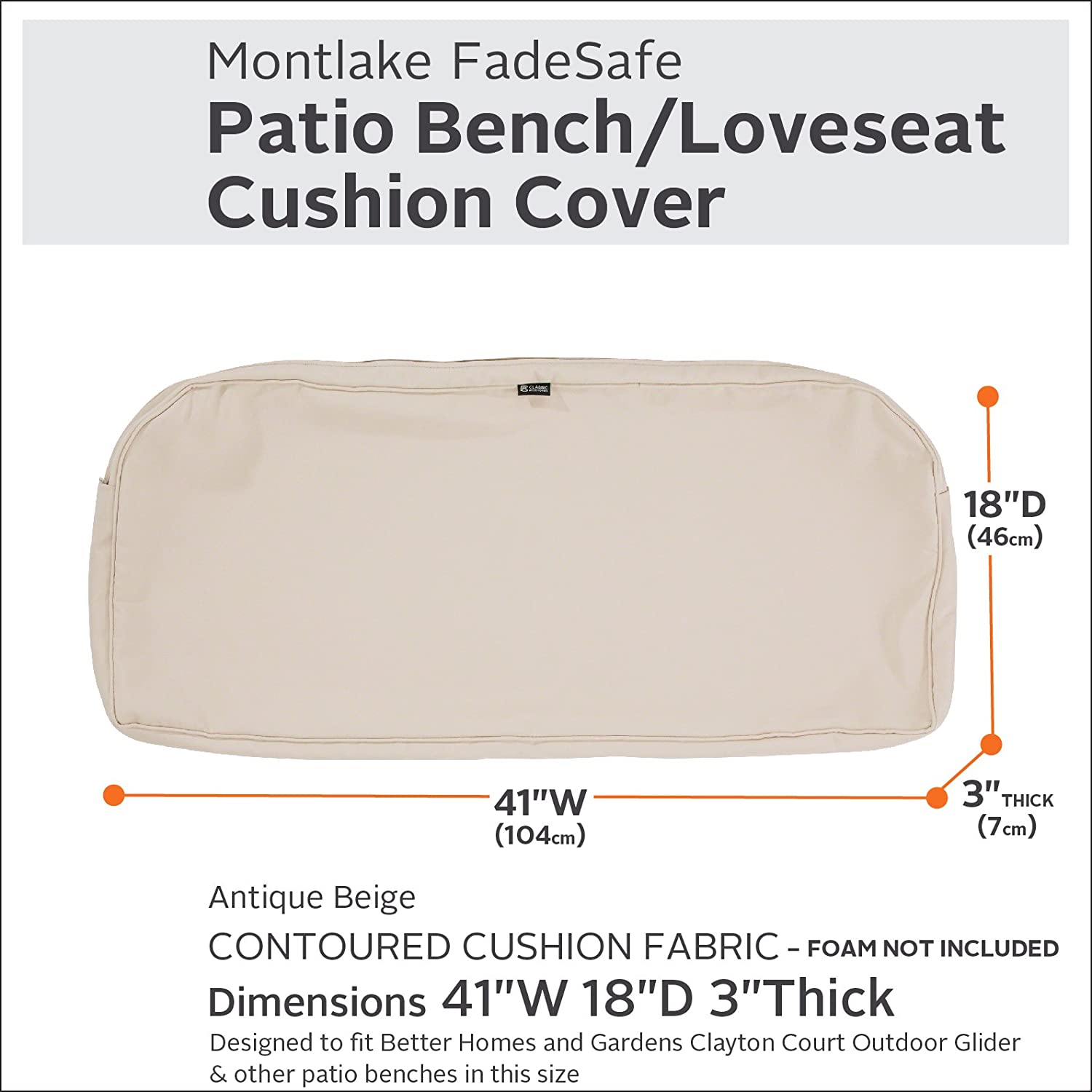 Classic Accessories Montlake Water-Resistant 41 x 18 x 3 Inch Outdoor Bench/Settee Cushion Slip Cover, Patio Furniture Swing Cushion Cover, Antique Beige, Patio Furniture Cushion Covers