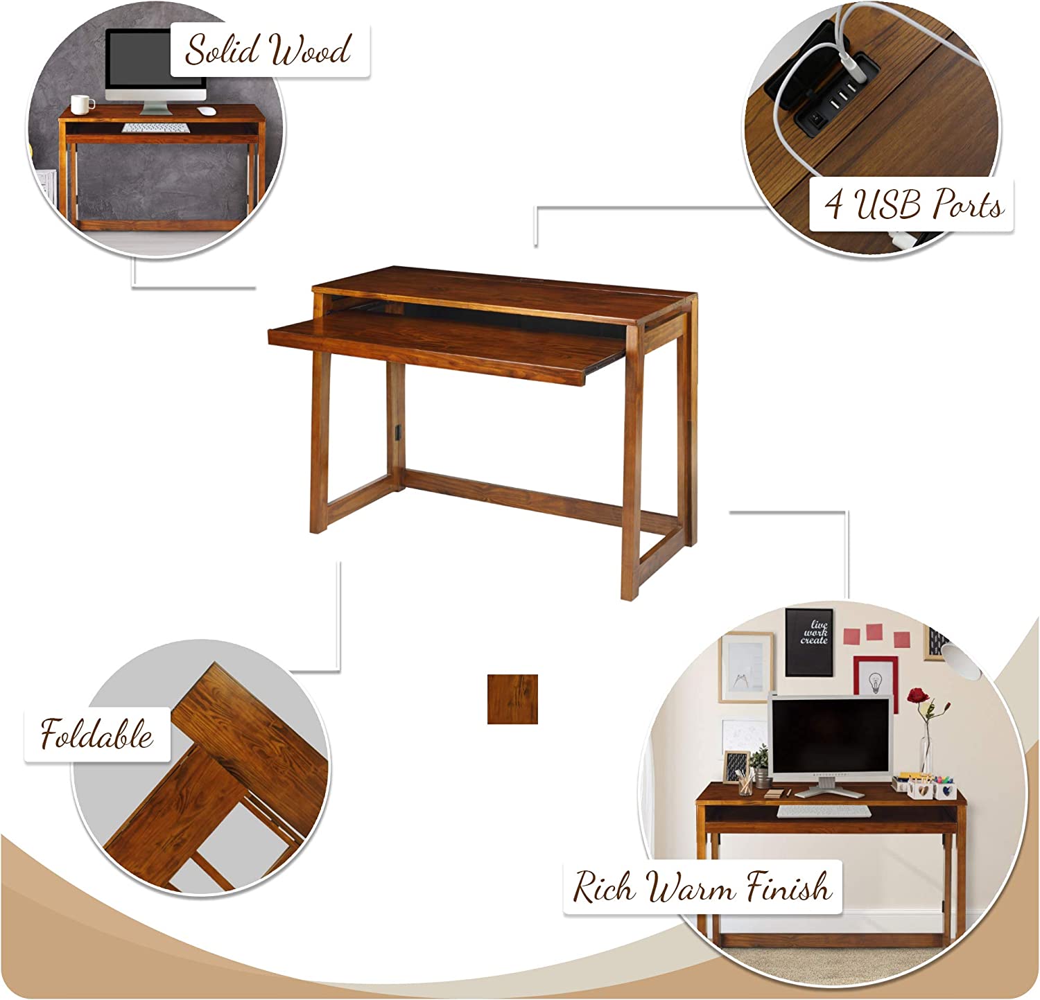 Casual Home Folding Desk with Pull-Out & USB Ports