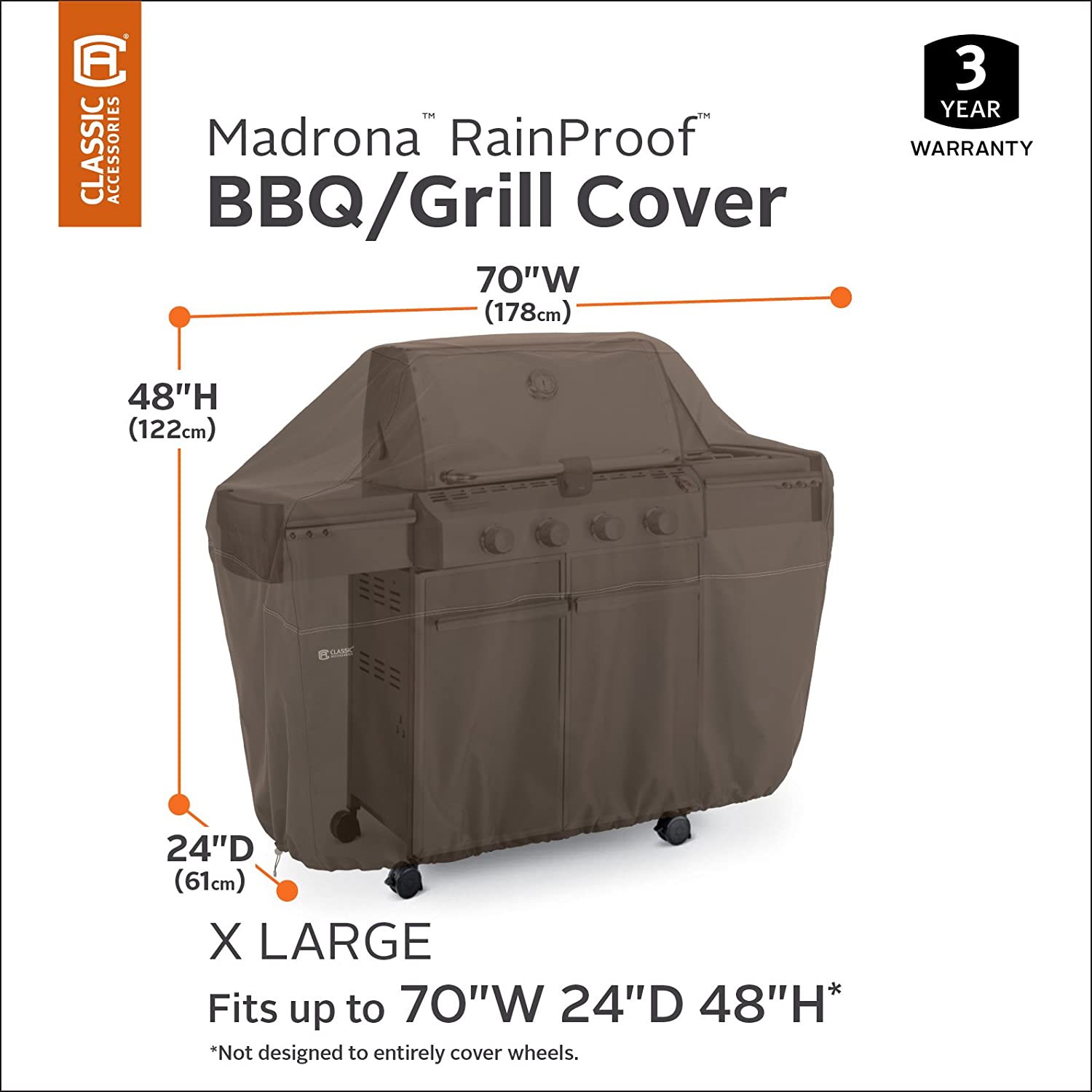 Classic Accessories Madrona Rainproof 70 Inch BBQ Grill Cover