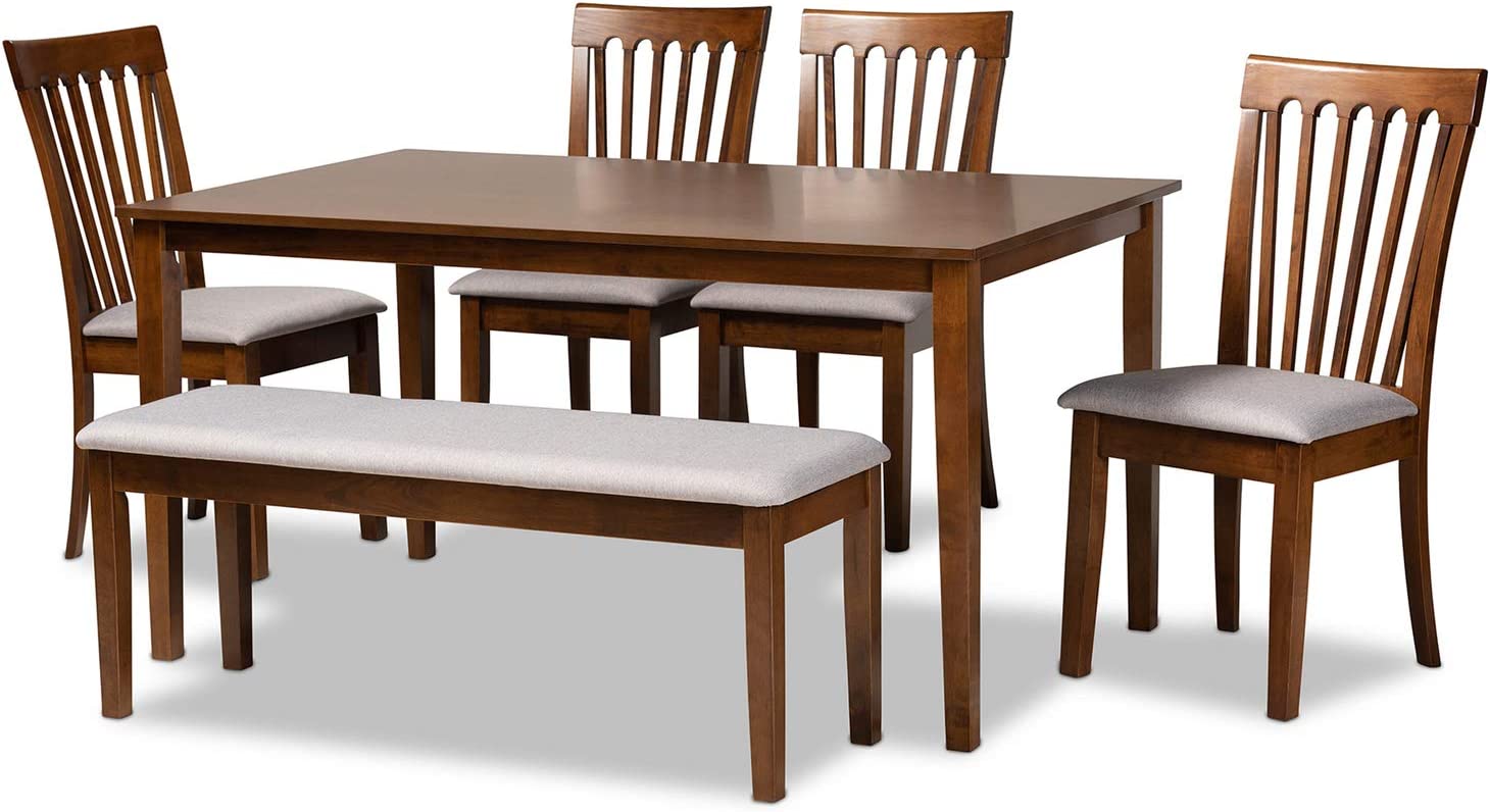 Baxton Studio Minette Modern and Contemporary Grey Fabric Upholstered and Walnut Brown Finished Wood 6-Piece Dining Set