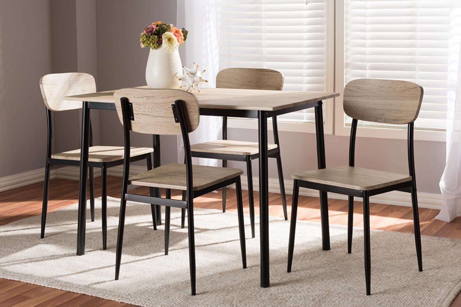 Baxton Studio Honore Mid-Century Modern Light Brown Wood Finished Matte Black Frame 5-Piece Dining Set