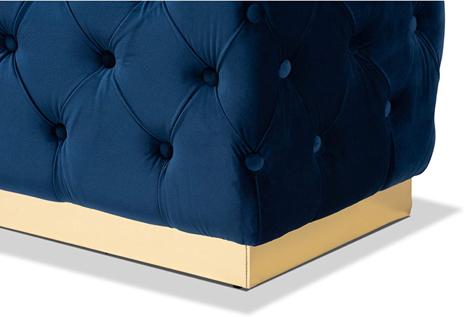 Baxton Studio Corrine Glam and Luxe Navy Blue Velvet Fabric Upholstered and Gold PU Leather Ottoman