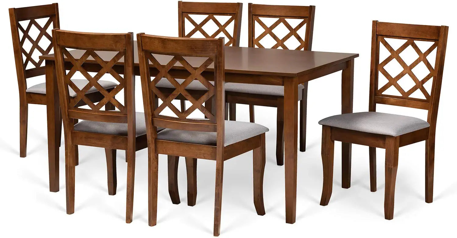 Baxton Studio Verner Modern and Contemporary Grey Fabric Upholstered and Walnut Brown Finished Wood 7-Piece Dining Set