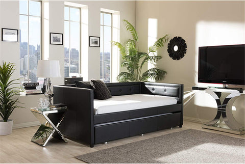 Baxton Studio Frank Modern and Contemporary Button-Tufting Sofa Daybed with Roll-Out Trundle Guest Bed Black