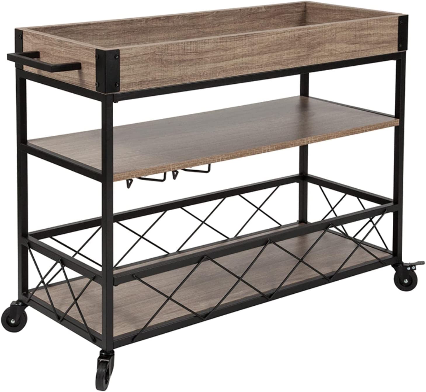 Flash Furniture NAN-JH-17105-GG Buckhead Distressed Light Oak Wood and Iron Kitchen Serving and Bar Cart with Wine Glass Holders