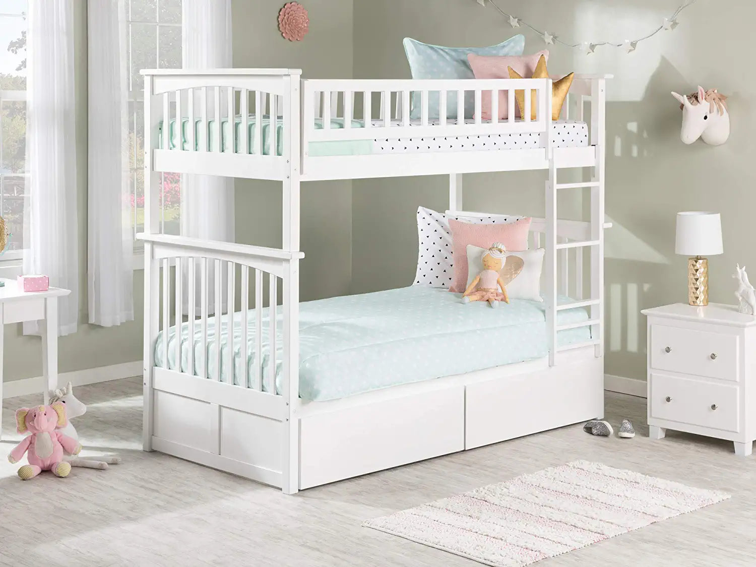 Columbia Bunk Twin over Twin with Turbo Charger and Urban Bed Drawers in White