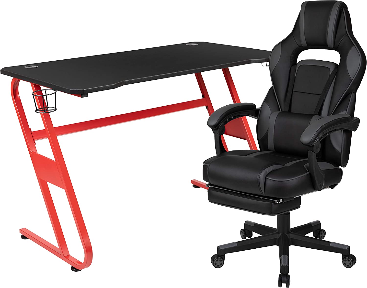 Flash Furniture Red Gaming Desk with Cup Holder/Headphone Hook & Black Reclining Back/Arms Gaming Chair with Footrest