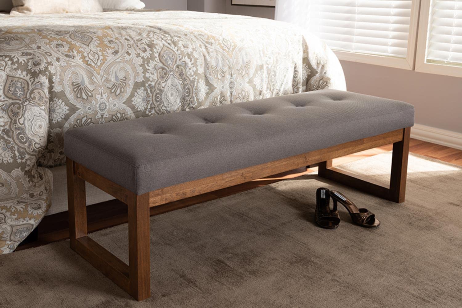 Baxton Studio Caramay Modern and Contemporary Grey Fabric Upholstered Walnut Brown Finished Wood Bench