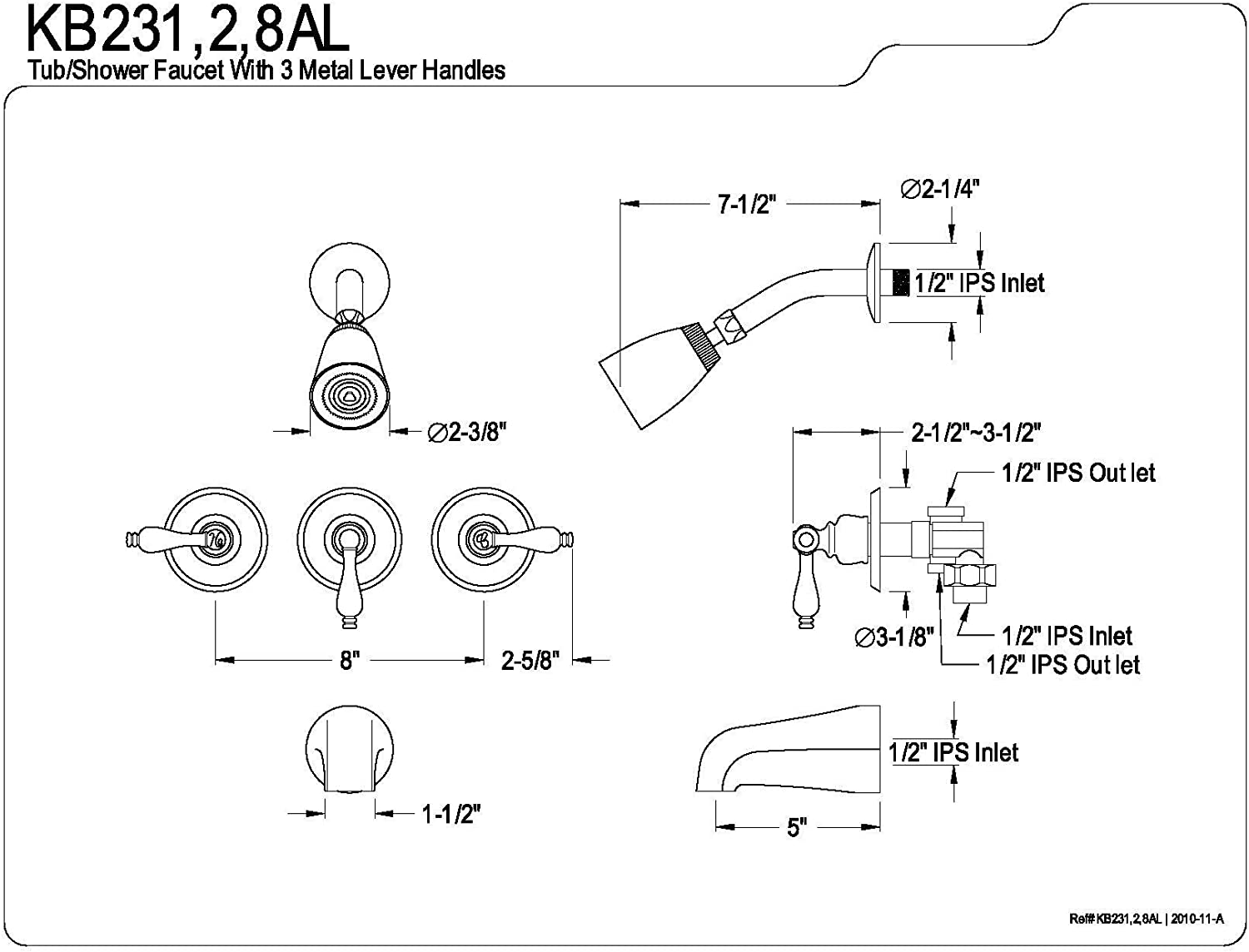 Kingston Brass KB238AL Tub and Shower Faucet with 3-Lever Handles, Satin Nickel,5-Inch Spout Reach