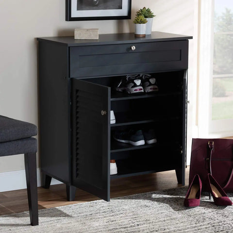 Baxton Studio Coolidge Modern and Contemporary Dark Grey Finished 4-Shelf Wood Shoe Storage Cabinet with Drawer