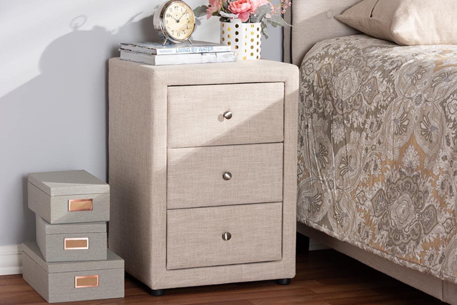 Baxton Studio Tessa Modern and Contemporary Fabric Upholstered 3-Drawer Nightstand