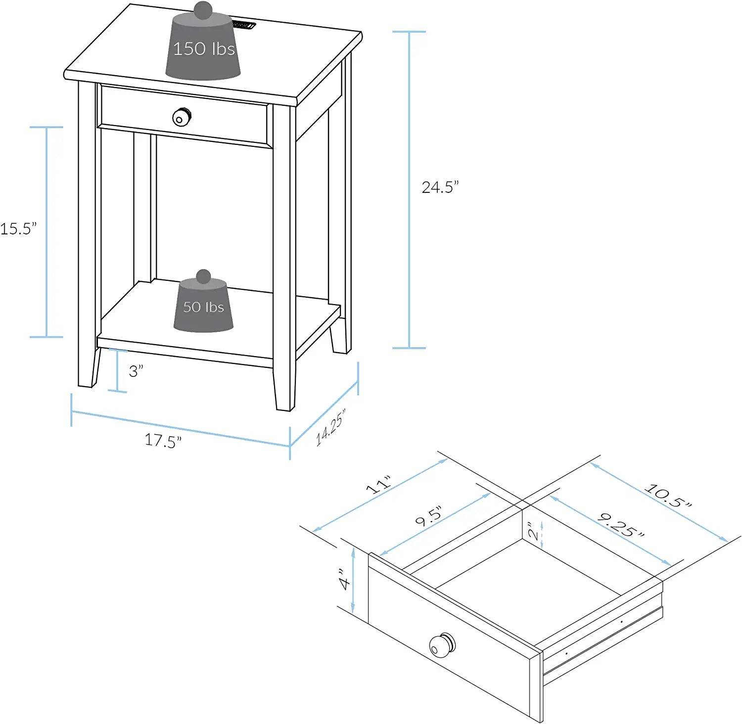 Casual Home Night Owl Nightstand with USB Ports-Warm Brown