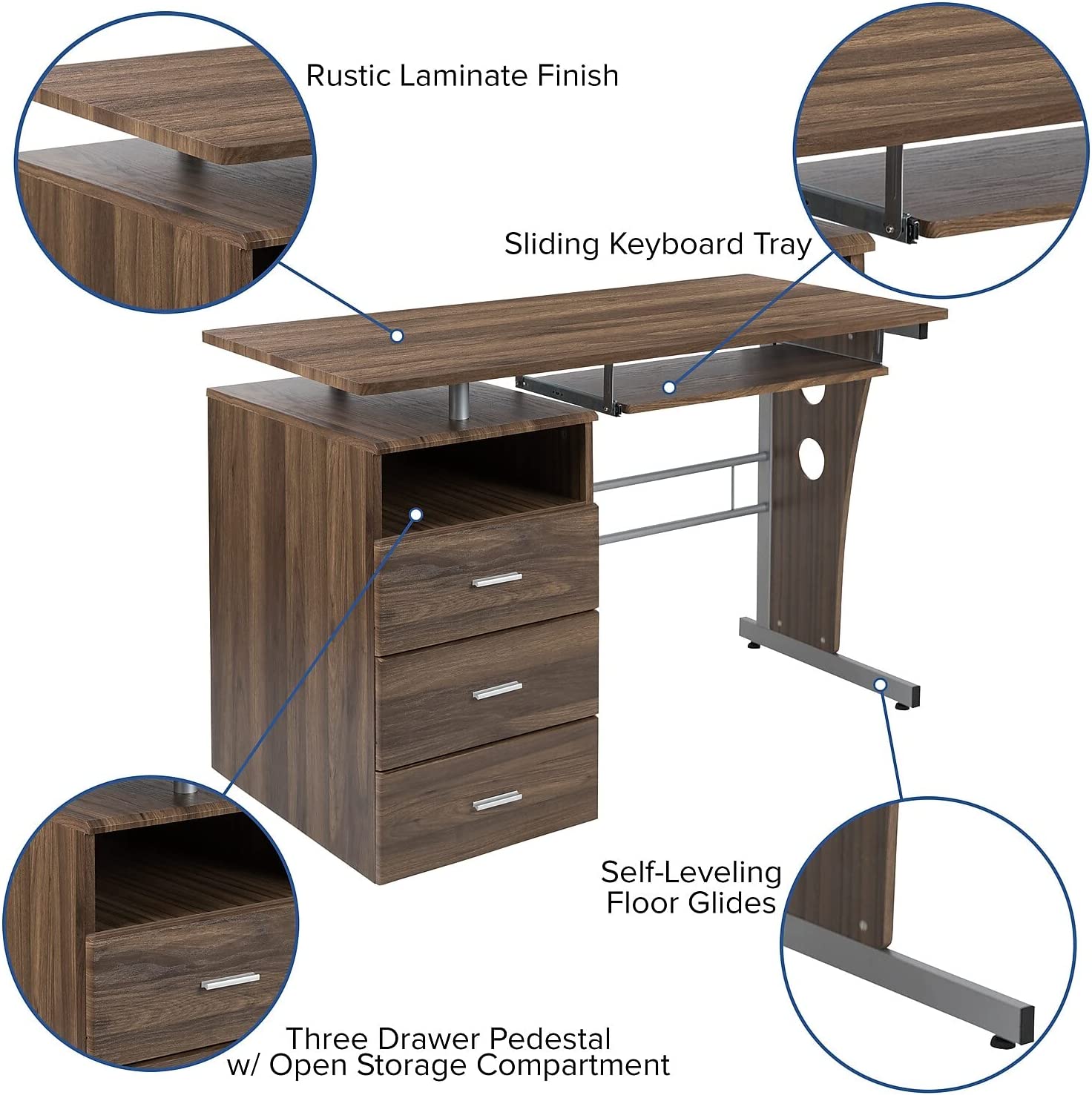 Flash Furniture Rustic Walnut Desk with Three Drawer Pedestal and Pull-Out Keyboard Tray