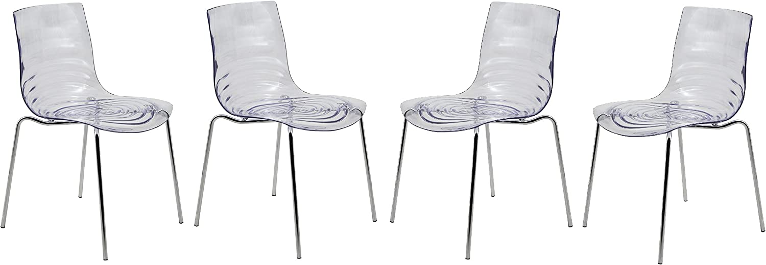 LeisureMod Astor Water Ripple Design Modern Lucite Dining Side Chair with Metal Legs, Set of 4, Clear