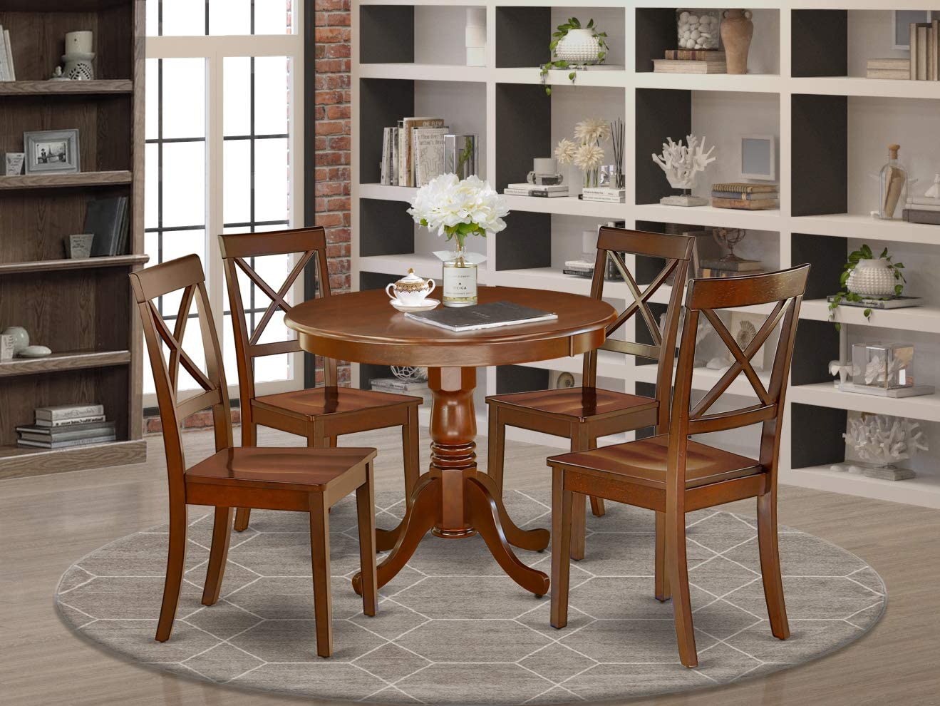 East West Furniture 5Pc Rounded 36&#34; Room Table And Four Wood Seat Dining Chairs, Mahogany