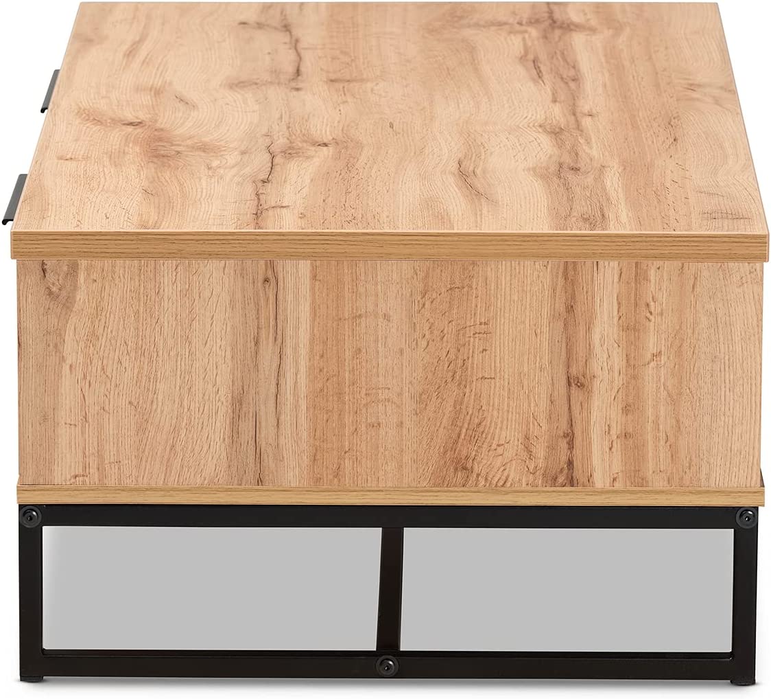 Baxton Studio Franklin Modern and Contemporary Oak Brown Finished Wood and Black Finished Metal 2-Drawer Coffee Table