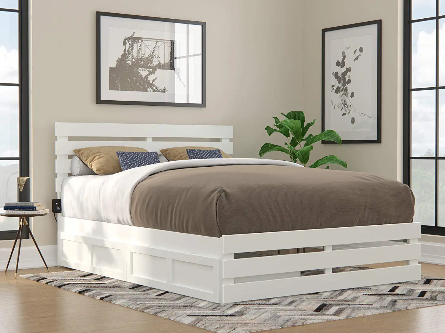 AFI Oxford Bed with Footboard and USB Turbo Charger with 2 Extra Long Drawers, Queen, White