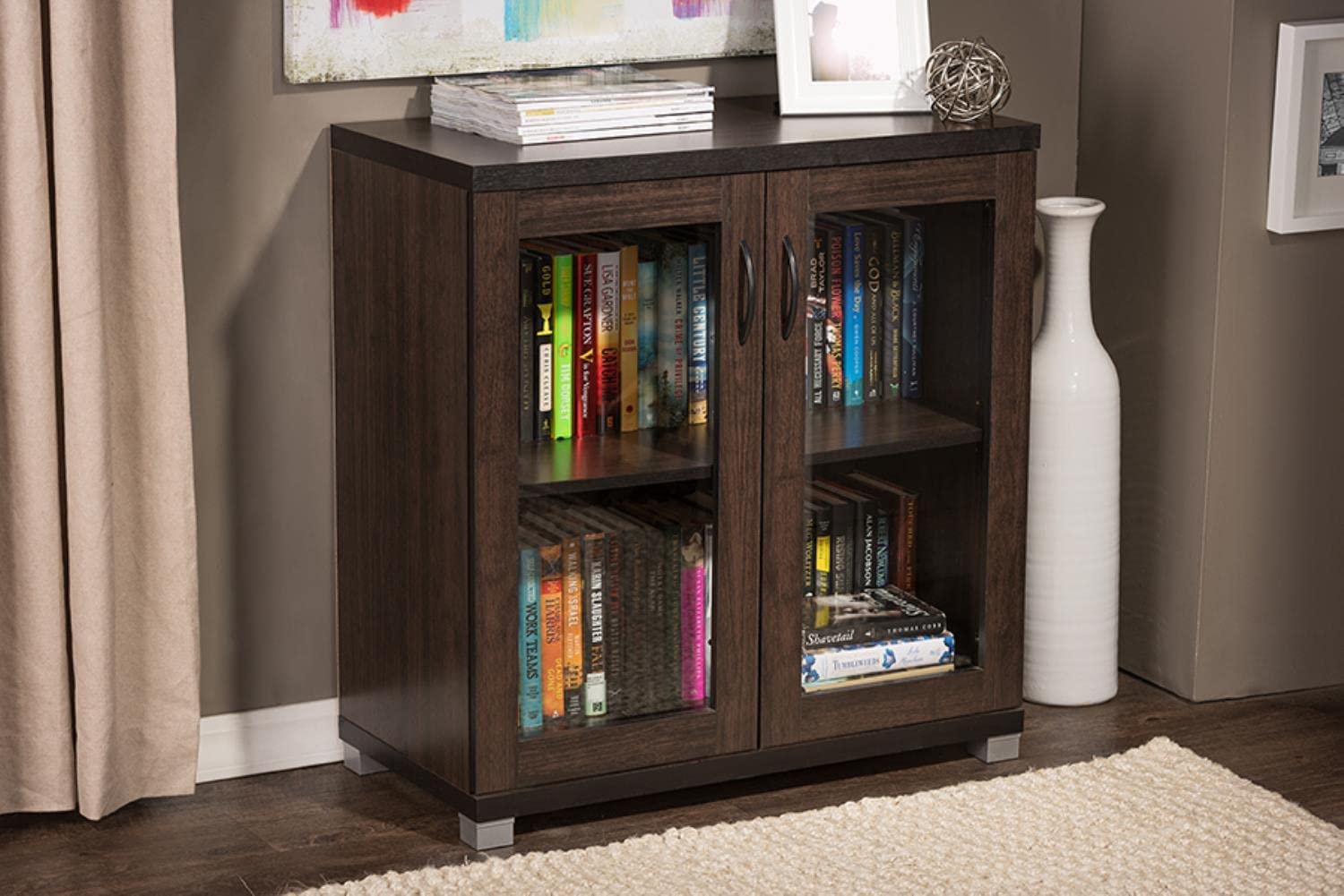 Baxton Studio Wholesale Interiors Zentra Sideboard Storage Cabinet with Glass Doors, Dark Brown