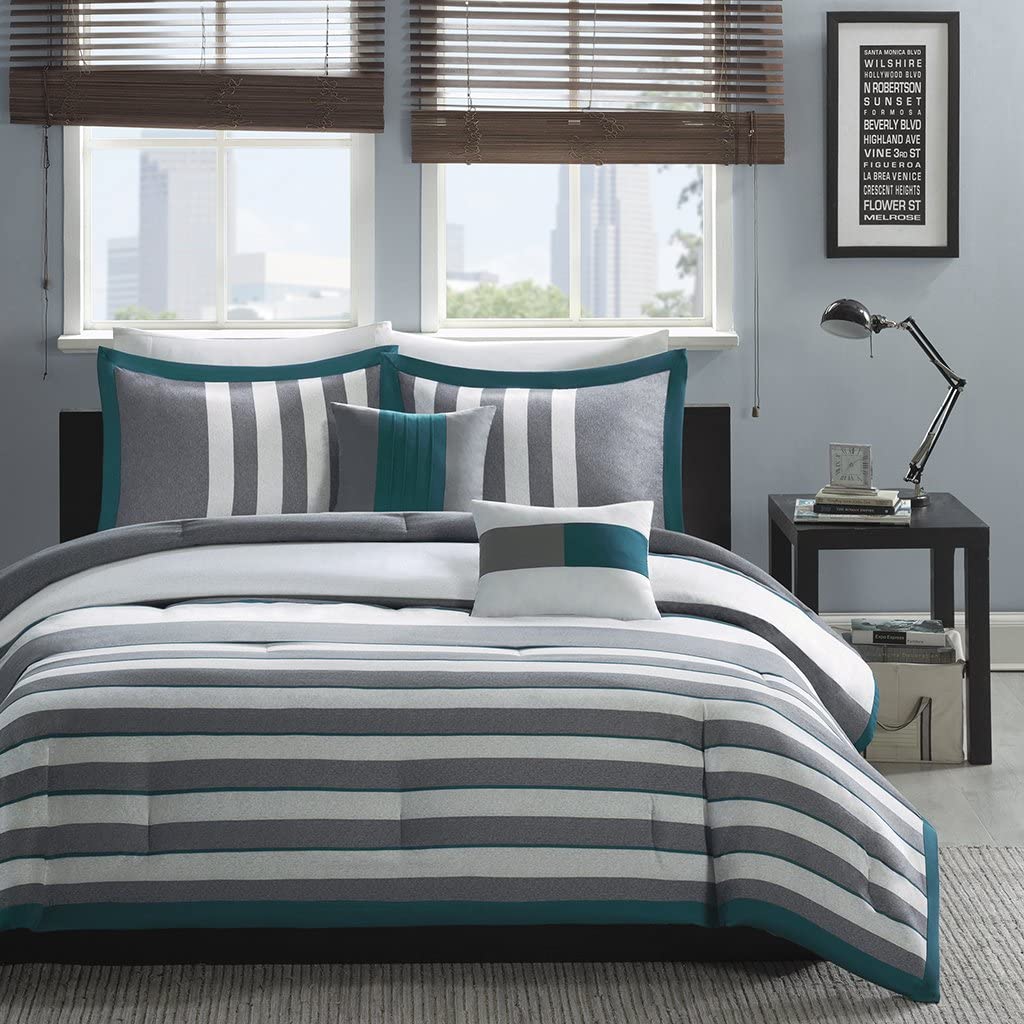 Intelligent Design Sven Twin/Twin XL Size Bed Comforter Set - Teal Grey, Striped ‚Äì 4 Pieces Bedding Sets ‚Äì Ultra Soft Microfiber Bedroom Comforters