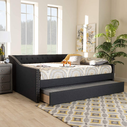 Baxton Studio Haylie Modern and Contemporary Dark Grey Fabric Upholstered Queen Size Daybed with Roll-Out Trundle Bed