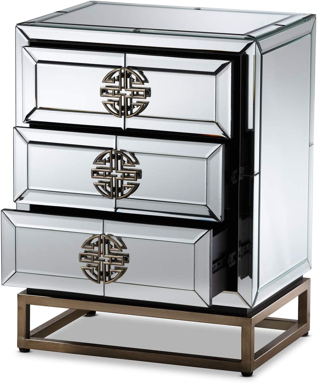 Baxton Studio Laken Contemporary Glam and Luxe Mirrored and Antique Bronze Finished 3-Drawer Nightstand