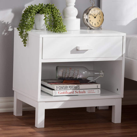 Baxton Studio Deirdre Modern and Contemporary White Wood 1-Drawer Nightstand/Contemporary/White/White/Rubber Wood/MDF