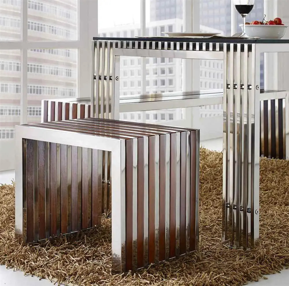 Modway Gridiron Contemporary Modern Small Stainless Steel Bench With Wood Inlay, 19.5&#34;