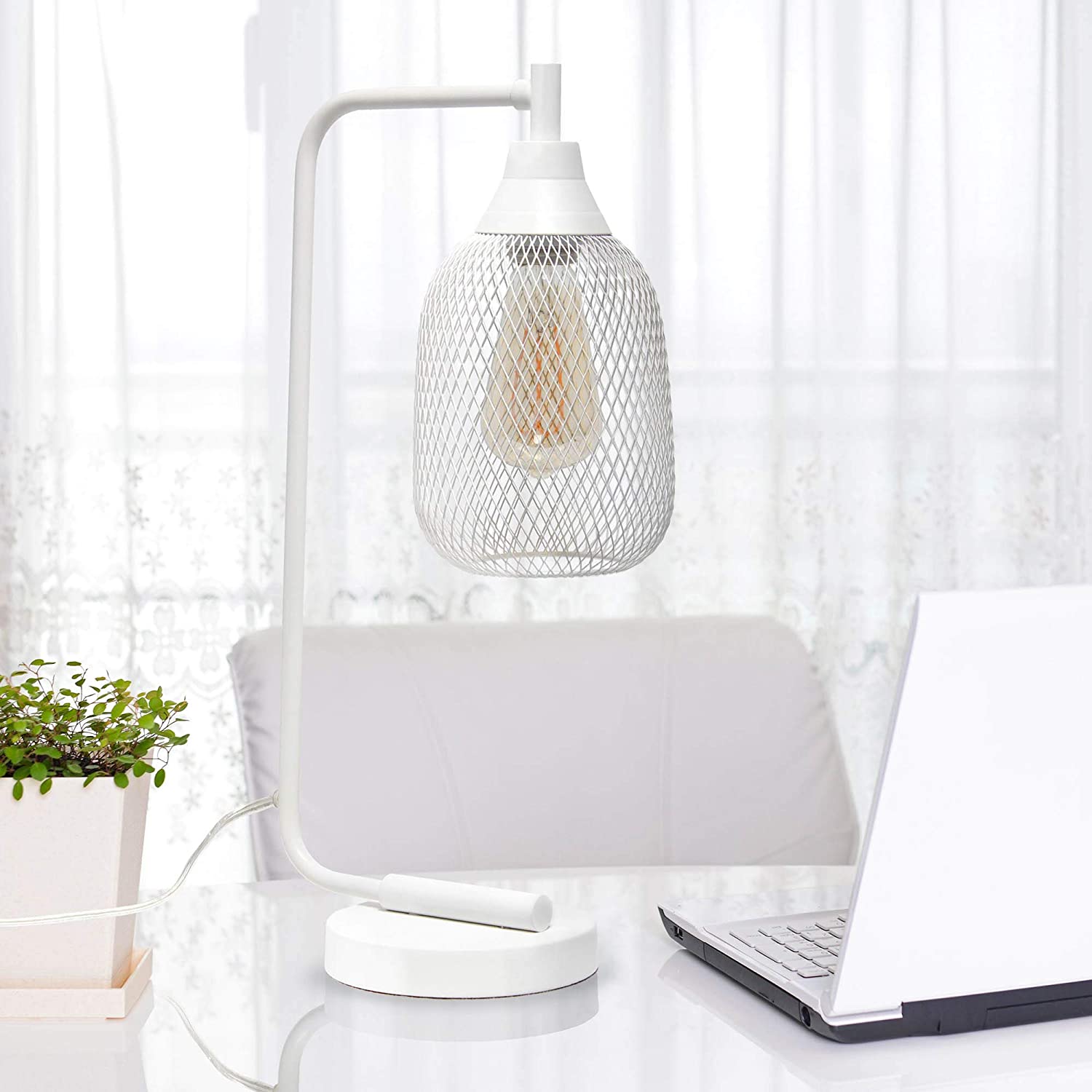 Lalia Home Industrial Office Desk Lamp with Wired Mesh Shade and White Matte Finish