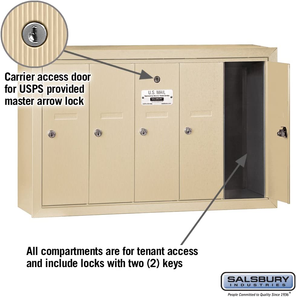 Salsbury Industries 3505SSU Surface Mounted Vertical Mailbox with USPS Access and 5 Doors, Sandstone