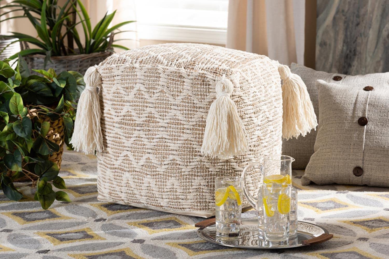 Noland Natural and Ivory Moroccan Inspired Pouf Ottoman