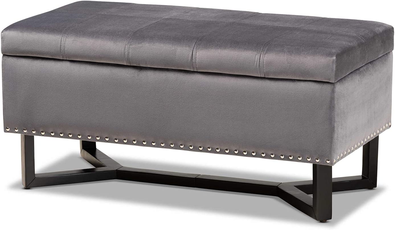 Baxton Studio Esther Modern and Contemporary Grey Velvet Fabric Upholstered and Dark Brown Finished Wood Storage Ottoman