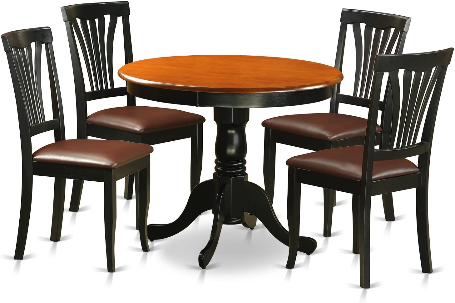 East-West Furniture dining set- 4 Fantastic dining chairs - A Beautiful round dining table- Faux Leather seat and Black Finnish Dining Table