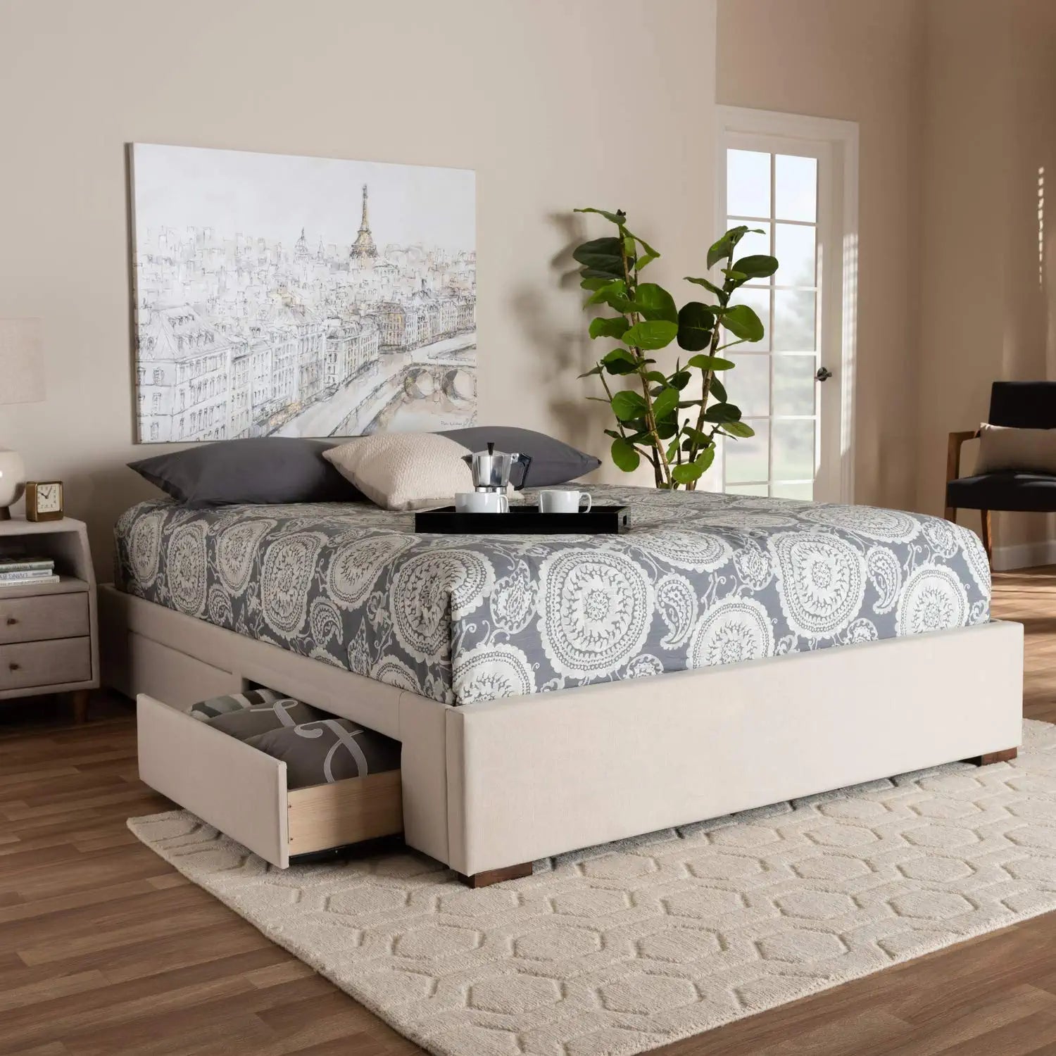 Baxton Studio Leni Modern and Contemporary Beige Fabric Upholstered 4-Drawer King Size Platform Storage Bed Frame