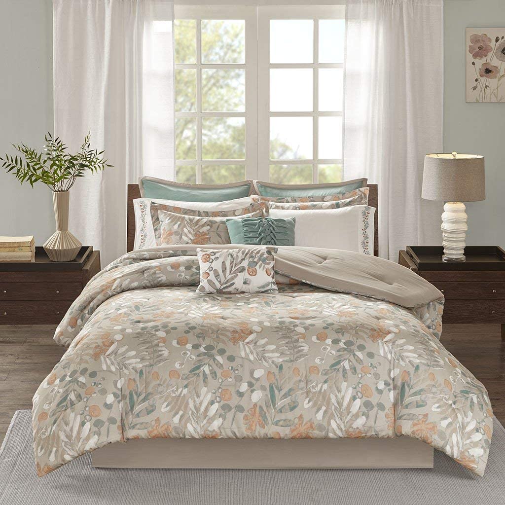JLA Home INC Madison Park Fay King Size Bed Comforter Set Bed in A Bag - Taupe, Floral Leaf ‚Äì 10 Pieces Bedding Sets ‚Äì Cotton Sateen Bedroom Comforters