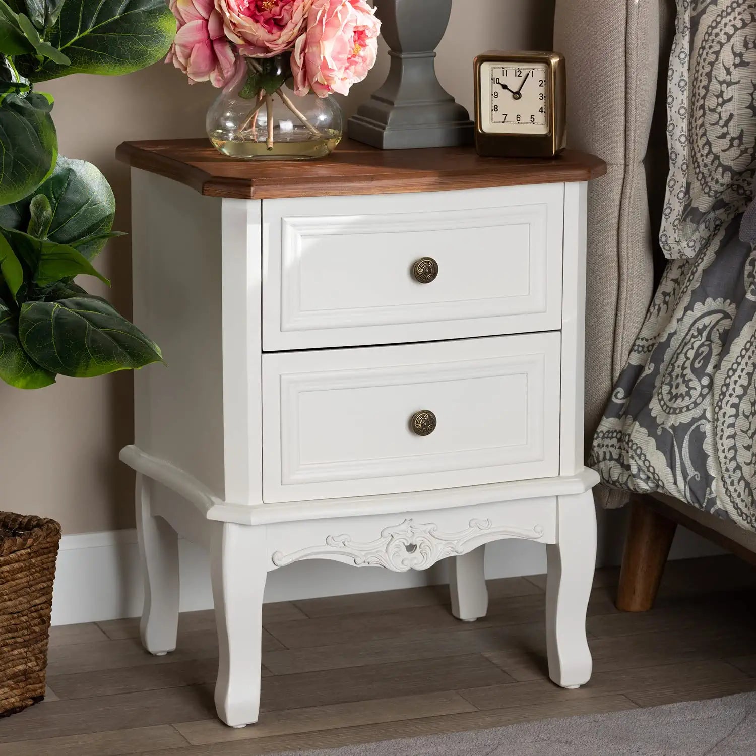 Baxton Studio Darlene Classic and Traditional French White and Cherry Brown Finished Wood 2-Drawer Nightstand