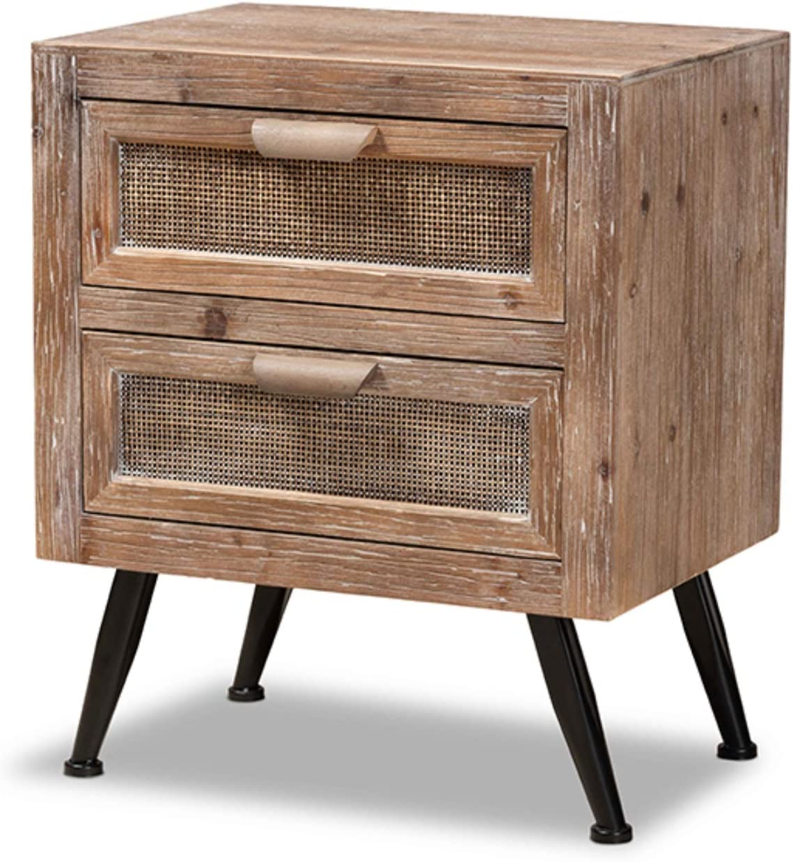 Baxton Studio Calida Mid-Century Modern Whitewashed Natural Brown Finished Wood and Rattan 2-Drawer Nightstand