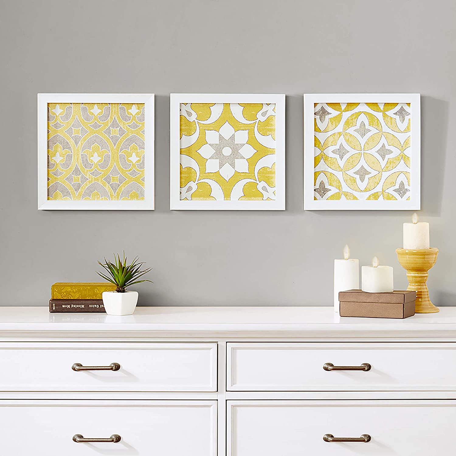 Madison Park Wall Art Living Room Decor-Framed Gel Coated Canvas, Home Accent Modern Bohemian Inspired Dining,Bathroom Decoration Ready to Hang Painting for Bedroom,12&#34;x12&#34;,Tuscan Tiles Yellow 3 Piece